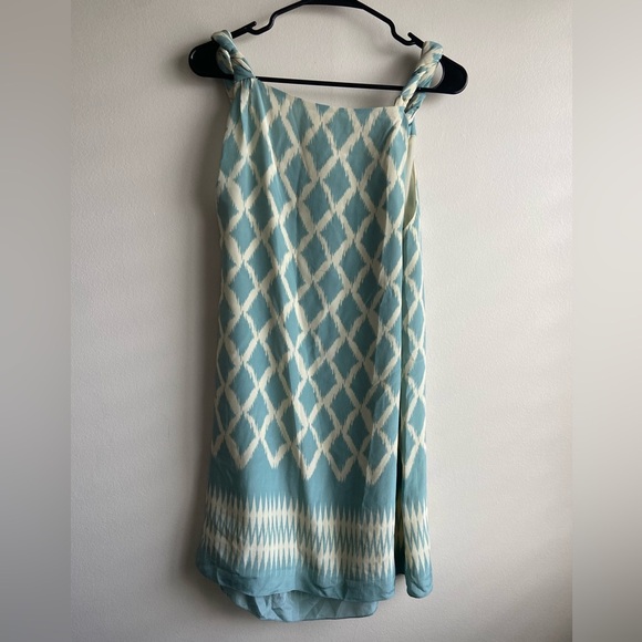 Anthropologie Silk Mini Dress 1960’s Twisted Straps blue beige - Picture 2 of 11